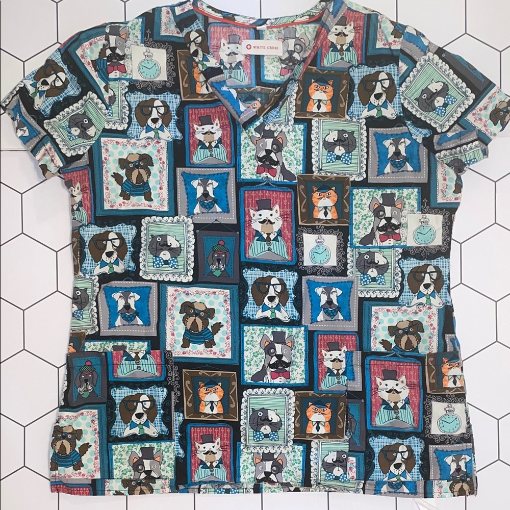 White Cross Multicolor Cat and Dog Scrub Top